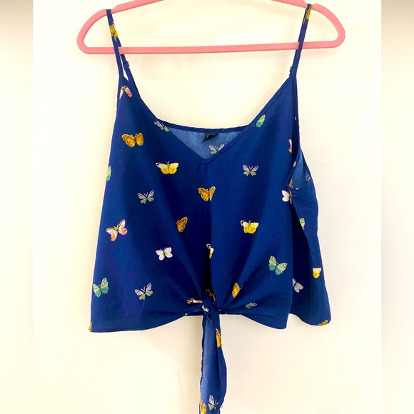 SHEIN Tops - 🦋 🤩🦋Colorful Butterfly Blue Cropped Adjustable Spaghetti Strap Tied Front Top